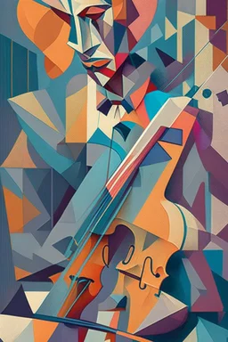 A captivating, cubist-inspired portrait of a musician playing their instrument, using fragmented shapes, lines, and a harmonious color palette to deconstruct the subject's features and express the rhythm and emotion of their music.