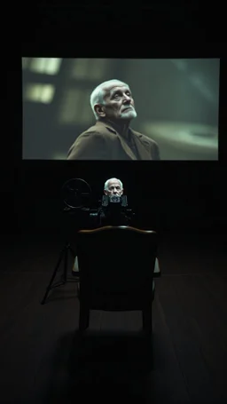 An old movie projector in side an empty dark room with an empty chair facing the screen, in the screen is picture of an old man looking up y