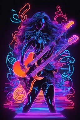 women in playing a guitar, neon art style, neon art, neon music notes, neon coloring, blacklight poster, blacklight neon colors, (neon colors), neon digital art, colorful neon lighting, neon lighting, the god of music, stylized neon, synthwave image, psychedelic black light style, made of neon light, neon background