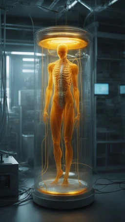 Sleeper in tube cabinet made of glass filled to the top with honey coloured liquid , in a laboratory inside it a half alien and a half human creature body standing vertically inside , connected with wires and electrical wires , the human standing in side, a high tech equipment in the background ,4K, cinematic, high resolution