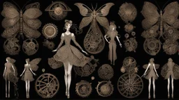 full length, steampunk delicate metal woman, lacewings, black background