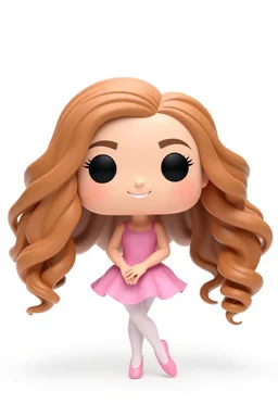 Funko figure of a very young female, smiling, long very wavy light brown hair, wearing a ballerina dress, pink dress, ballet, very cute, ballet pose,. typography, 3D render. White background