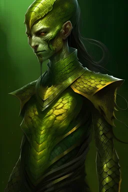 female snake woman, green scales, wearing a stealth armor, dungeons and dragons, fantasy, yellow eyes,