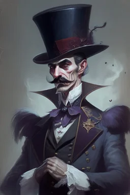 Strahd von Zarovich with a handlebar mustache wearing a top hat and bowing gratefully