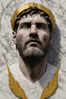 Ultra Realistic image, Roman sculpture, white marble material, Lionel Messi, gold Laurel leaves wreath, renaissance ornaments, radial gold lines, one gold star in heart, sun ornament, blue background, chisel style, waist up portrait, emperor style, epic, celestial, cinematic lighting, God light, god rays, 4k resolution, smooth details, ornate details, soft lighting, unreal engine 5, art station, substance 3d.