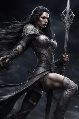 SA female elf with skin the color of storm clouds, deep grey, stands ready for battle. Her long black hair flows behind her like a shadow, while her eyes gleam with a fierce silver light. Despite the grim set of her mouth, there's a undeniable beauty in her fierce countenance. She's been in a fight, evidenced by the ragged state of her leather armor and the red cape that's seen better days, edges frayed and torn. In her hands, she grips two daggers, add dark shadow mystic purple flames