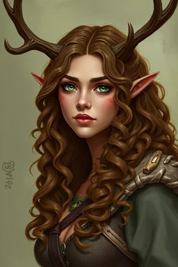 A female fantasy warrior with antlers, olive toned skin, long brown curly hair, green eyes. Quirky face