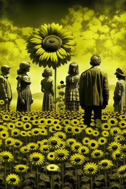 dandelion people with a sunflowers backdrop, surreal --v 6.0 --style raw