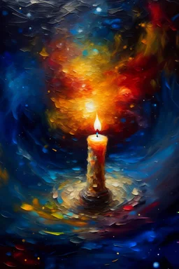 a candle floating in a galaxy impressionist art