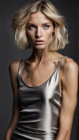 photography of a beautiful anorexic woman, silver satin top, sports illustrated, blond short wavy bob haircut, pronounced sternum, short leggins