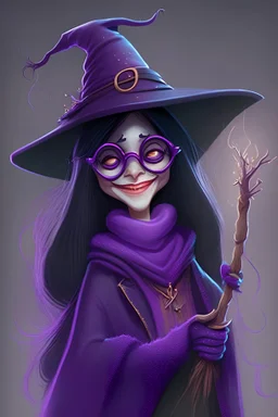 Happy smiling mysterious witch, cartoon character, small nose, black eyes, with two hands, she puts on glasses, she wears a long purple jacket, she put on a witch's hat, she wears high heels shoes, Full body, high detail, she holds a magic stick in her hand, face high details, long black hair, stunning realistic photograph