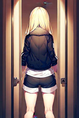 blonde girl with short jacket and shorts runs in a corridor in front at a mistery door, back view, line arts, manga style