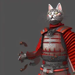 Chat, Modélisme trois dimensions, anthropomorphique, habillé comme un samurai, armure très détaillée, argent, rouge sang, réalisme