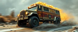 mega blasting fast, so freaking fast, faster than a greased muscle shiny cowboy disco funk fusion fluffy man gremlin monkey pig on a runaway mud veteran buss truck jumping over the cliff . speed and energy, painted by Rembrandt and fallout 4, straight down a muddy slide