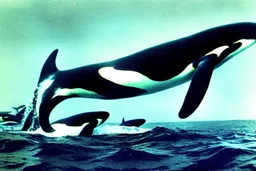 An orca army pod fighting in WW2, swimming up a stream to attack, orca insurgents