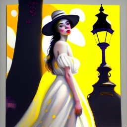 Whimsical and crazy painting of a full body young woman in a soft and dreamy style. The figure standing in the boulevard under a gas lamp shining a pale yellow light is shown in shades of gray and white, with red and yellow dots for emphasis. She wears a flowing black muslin dress and a black wide-brimmed hat, which gives her a graceful and elegant look. The background is abstract, with dull tones that blend together to create a misty atmosphere. Large, stylish red flowers frame the scene, with