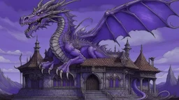 A purple undead dragon on top of a mansion painted by Leonardo da Vinci