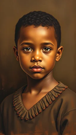 grant wood painting style , a portrait of a beautiful young brown boy, in light brown colors and dark brown background