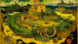 A yellow island with mechanical snakes painted by Paul Gauguin
