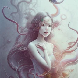 Realistic body, Asian woman, leaning pose, full body, squid, intricate detail , watercolor illustration by <agnes cecile> nest, octopus, fly, squid,everywhere, plants, wildflower, doll, blood, scythe, dolly,