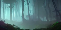 Dense forest with glowing alien plants, night time, fantasy