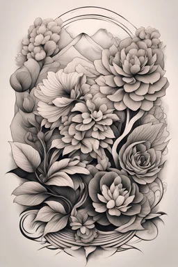 Create a captivating modern 2d tattoo design for print , prestigious botanic competition using the elegant influences of japan art style, for print, dynamic elements from fashion and design, and bold Japanese contemporary art aesthetics, framing centered in the center, distanced from the edges of the paper perimeter,