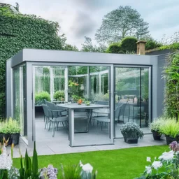 A picture of a modern garden room with silver party decoration