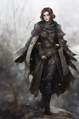 A female cleric dressed for the winter, with brown hair. Snowy background