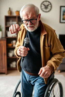 Portrait of poor angry caucasian very old senior man wearing eyeglasses and showing big fist standing at home indoor, Older Adults and Their Anger Issues, wheelchair, holding an microphone screaming