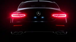 Full view of the rear view of a black Mercedes-Benz CLS 550 with bright neon lights on a black background