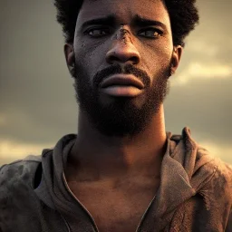 portrait, badass black man, long curly black hair, scar, post-apocalyptic, realistic, intriacte detail, sci-fi fantasy style, volumetric lighting, particales,highly detailed,cinamatic, deep colours,8k