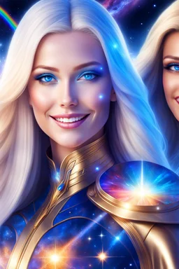 cosmic woman smile, admiral from the future, one fine whole face, crystalline skin, expressive blue eyes,rainbow, smiling lips, very nice smile, costume pleiadian, Beautiful tall woman pleiadian Galactic commander, ship, perfect datailed golden galactic suit, high rank, long blond hair, hand whit five perfect detailed finger, amazing big blue eyes, smilling mouth, high drfinition lips, cosmic happiness, bright colors, blue, pink, gold, jewels, realist, high commander