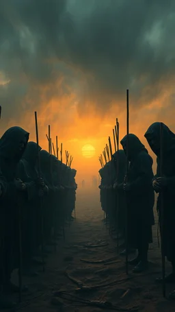 Bosch painting style nightmare , 3D ,a group of prisoners slave in black tied together in line in a dramatic misty scene of the sunset time in a stormy weather in the desert background, high Quality picture , 8k