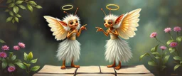 two totally symmetric fluffy angel gremlin slug ant shaman nice cheerleader singing on bridge pointing down in garden , full body portrait T-pose strong aura, oil painting and air brush