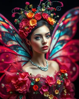 Gorgeous Realistic Photography Camera Lens soft blur Pretty European Supermodel as Beautiful Butterfly Lady, a stunning beautiful woman adorned in vibrant luxury carnival attire, ethereal beauty, black background, with swirling colors and fantastical tiny flowers, enchantment and grace, twisted vines, whimsical, surreal landscapes, emotive style, dreamlike quality, and magical realism,carnival red, ethereal pink, whimsical blue, vibrant green, celestial purple, golden amber, and shimmering silv