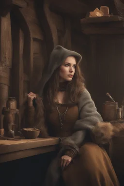 DnD style, medieval beautiful woman dressed in warm winter clothes sitting in a tavern