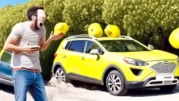 guy arguing on phone next to kia sportage covered with lemons