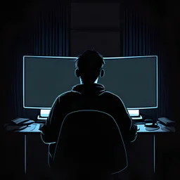 a cartoon-style of a computer geek sitting in front of a power computer screen in a tidy and modern dark room. don't show face, view from back, high quality, super realistic, man