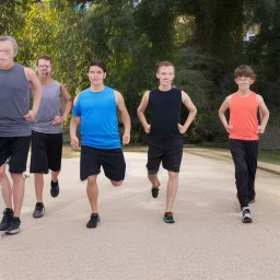 Boys, young men, an older man doing resistance exercise together