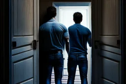 man in jeans and a shirt, back to the camera, standing in a row of doors, looking out through a doorway