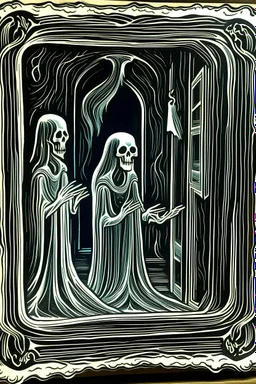 Linocut ghostly apparition in mirror