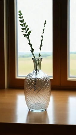 a long shot of an empty vase next to a window in wes anderson cinematography style directly front view