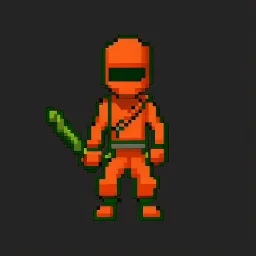 a pixel art-style, simple 32-bit Ninja with a orange outfit