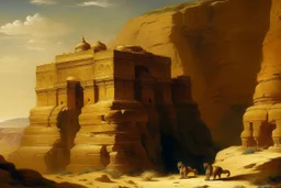 An Egyptian golden palace in a brown rocky desert painted by Francis Danby