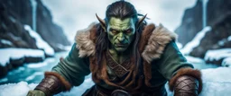 close up portrait of psionic ancient half elf half orc shaman thief in threatening pose on ice stone bridge, book cover