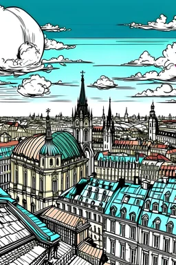 very romantic city panorama vienna with charakterictic architecture, comics style, two people