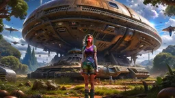 A skinny 50-year-old woman standing, hands on hips, in brown shorts, a shirt, and boots, standing next to a large, sleek cargo spaceship, sitting in a clearing, in a derelict alien city with trees and fungi in clumps.