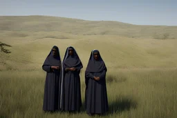4 suore africane con tunica grigia giornata di sole precipizio fuori città , terra, occhi grandi visi definiti