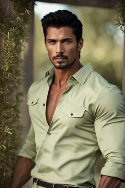 Portrait of an Olive skinned muscular very handsome male with dark hair and a goatee beard