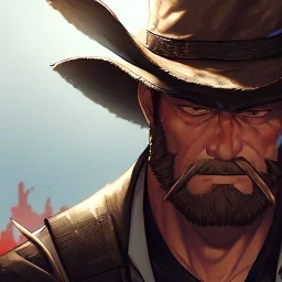 Clear focus, High resolution, max detail, Portrait, bearded, Gunslinger, Cowboy, cowboy hat, serious face, Blood Splatter